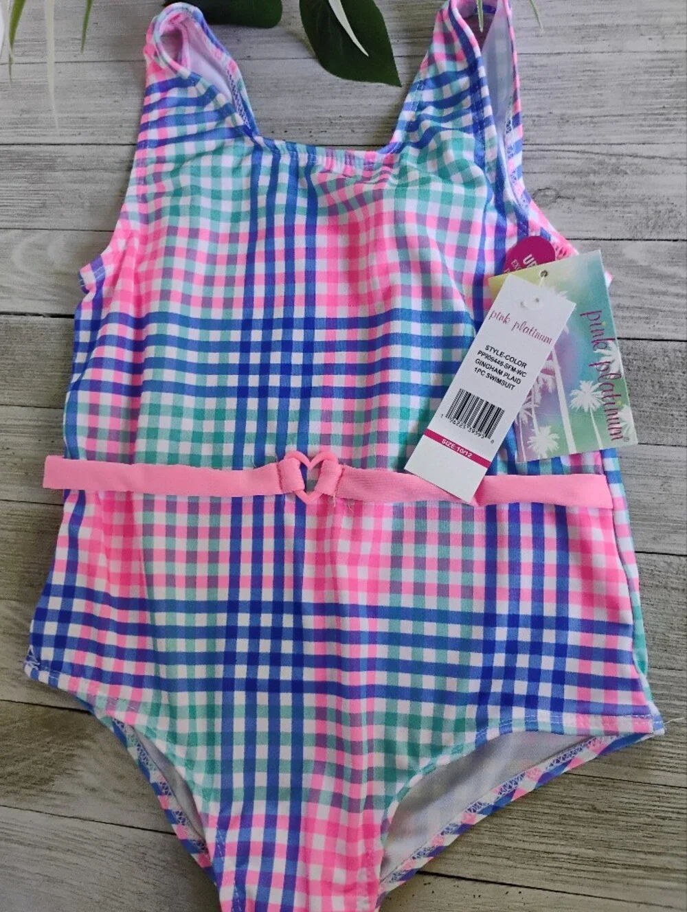 Gingham One-Piece Swimsuit Pink Platinum Size 10 /12 & Free Pair Of Swim Goggles
